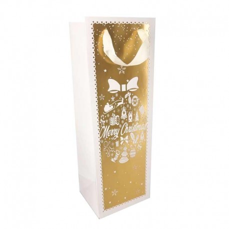 12 sacs cadeaux blancs pour bouteille de vin motifs dorés de noël- 12x35x10cm
