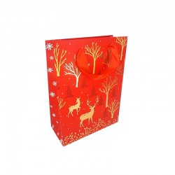 12 petits sacs de noël rouge motifs de rennes dorés 12x15.5x7cm