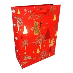 12 grands sacs de noël rouge motifs de bonhome de neige dorés 30x39x12cm