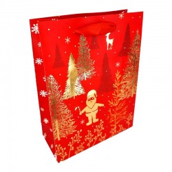 12 grands sacs de noël rouge motifs de Père noël dorés 30x39x12cm