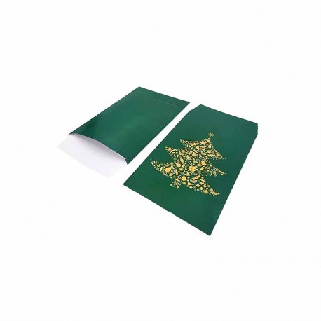 100 pochettes cadeaux de noël vert foncé motif sapin de noël doré 7x13cm