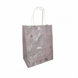12 petits sacs kraft gris argenté à poignées torsadées motif floral - 12x7x17cm