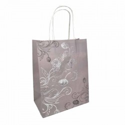 12 grands sacs kraft gris argenté à poignées torsadées motif floral - 24.5x10.5x31.5cm