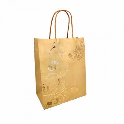 12 petits sacs kraft champagne doré à poignées torsadées motif floral - 12x7x17cm