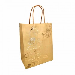 12 sacs kraft champagne doré à poignées torsadées motif floral - 18x10x23cm