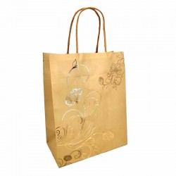 12 grands sacs kraft champagne à poignées torsadées motif floral doré - 24.5x10.5x31.5cm