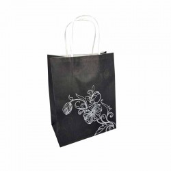 12 petits sacs kraft noir à poignées torsadées motif floral argenté - 12x7x17cm