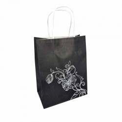 12 sacs kraft noir à poignées torsadées motif floral argenté - 18x10x23cm