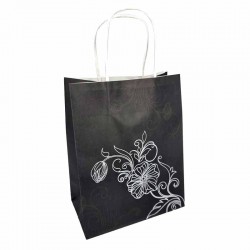 12 grands sacs kraft noir à poignées torsadées motif floral argenté - 24.5x10.5x31.5cm