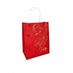 12 petits sacs kraft rouge à poignées torsadées motif floral doré - 12x7x17cm