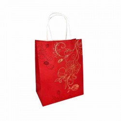 12 sacs kraft rouge à poignées torsadées motif floral doré - 18x10x23cm