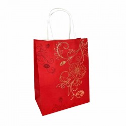 12 grands sacs kraft rouge à poignées torsadées motif floral doré- 24.5x10.5x31.5cm