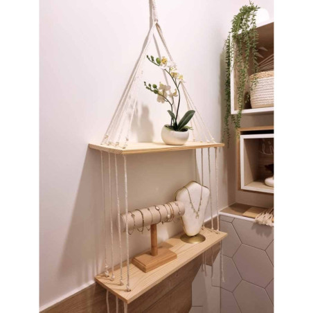2 étagères Murales Bois Style Bohème - Double Niveau, Pin Naturel, Pour Chambre, Salon, Cuisine - 9