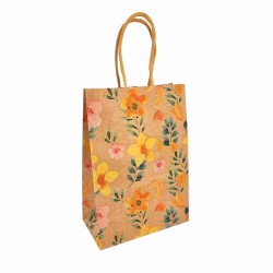 12 petits sacs papier kraft brun motif de fleurs jaunes et roses 15x21x8cm