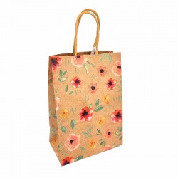 12 petits sacs papier kraft brun motif de fleurs rouges et jaunes 15x21x8cm