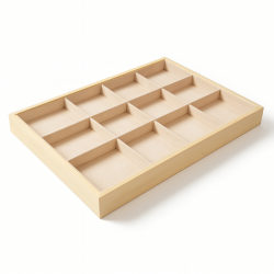 Plateau bijoux en bois et tissu aspect suédine beige à casiers
