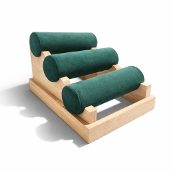 Petit présentoir pour bracelets en bois à 3 rouleaux en suédine vert émeraude