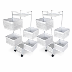 Lot de 2 chariots carrés en métal blanc - 5 tiroirs rotatifs - Tour de rangement XL