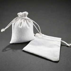 10 grands sacs bourse en suédine blanche liens coulissants 14x20cm