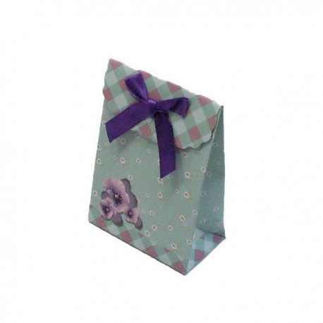 12 boîtes cadeaux de couleur vert tendre et rose motifs pensées 10.5x7.5x4cm - 5396