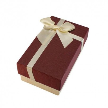 Boîte cadeaux écru et rouge bordeaux avec noeud rouge 14.5x8.5x5.5cm - 5883