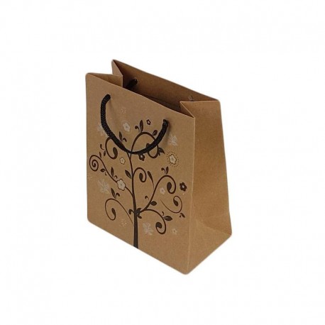 12 sacs cadeaux papier kraft couleur brun naturel motifs arbre à fleurs 14.5x11.5x5.5cm - 6449