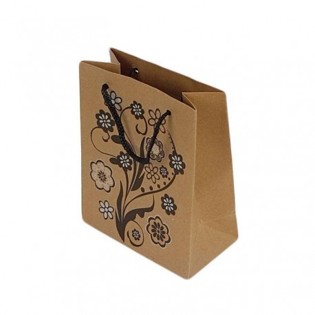 12 sacs cabas en papier kraft brun motifs fleurs 20x15x6cm - 7644