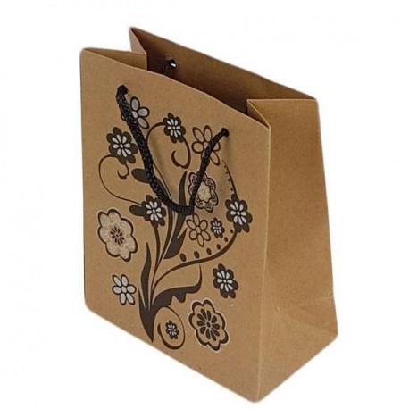 12 sacs en papier kraft brun dessins fleurs 33x24x8cm - 14227