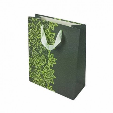 12 sacs cadeaux gris foncé motif dentelle fleurie vert anis 23x18.5x8cm - 6646