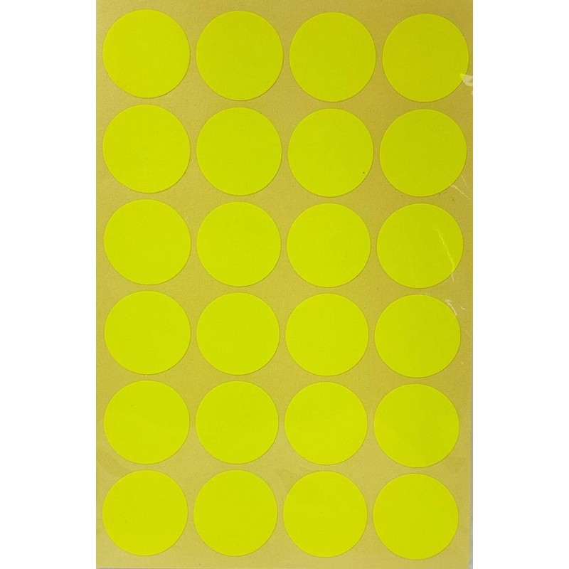 Gommettes autocollantes jaunes fluo, étiquettes adhésives rondes 25mm.