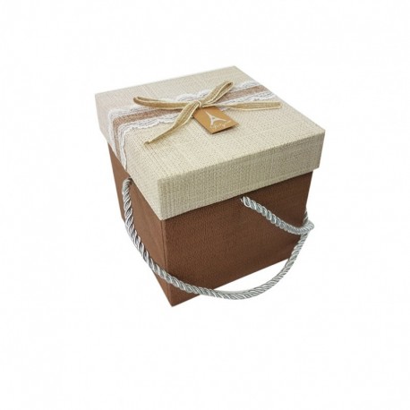 Boîte cadeaux marron clair avec corde 11x11x11cm - 7368