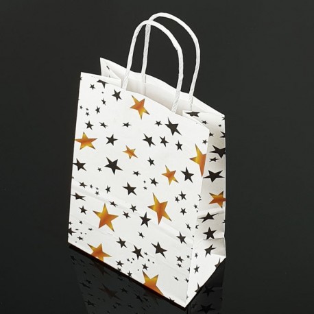 Lot de 12 grands sacs en papier kraft décor étoiles 25.5x33x12cm - 7393