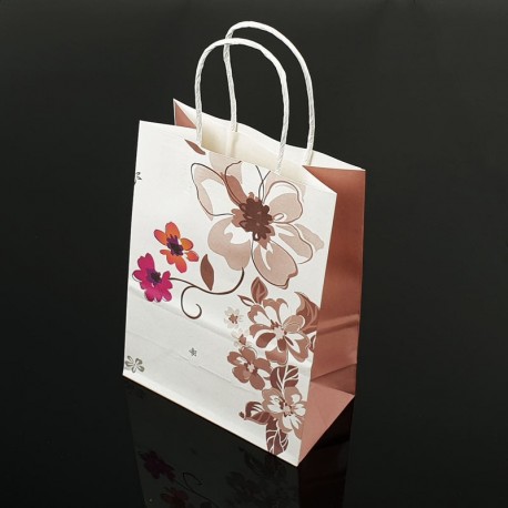 12 petits sacs en papier kraft à fleurs décor soufflet taupe 15x21x8cm - 7394