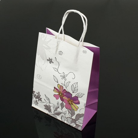 12 petits sacs en papier kraft à fleurs décor soufflet lavande 15x21x8cm - 7395