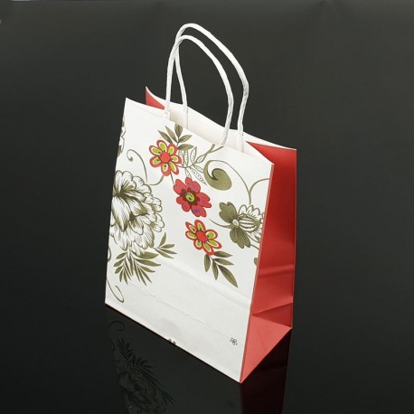 12 petits sacs en papier kraft à fleurs décor soufflet rouge fraise 15x21x8cm - 7396