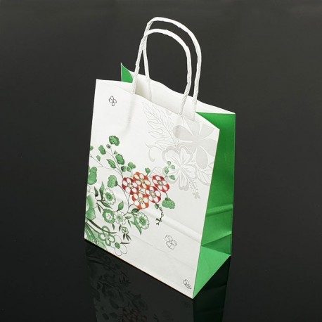 12 petits sacs en papier kraft à fleurs décor soufflet vert menthe 15x21x8cm - 7397
