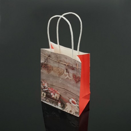 12 petits sacs kraft de Noël décor traineau et cadeaux 12x17x7cm - 7542