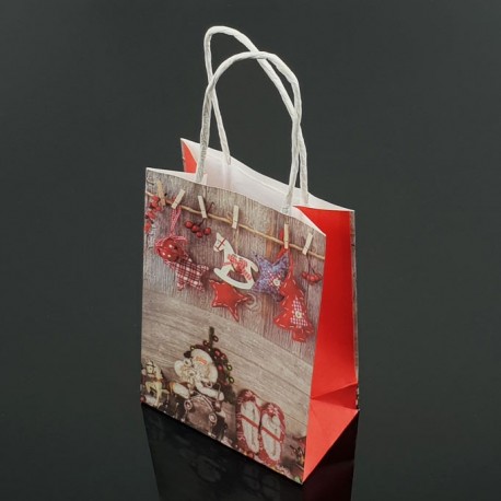 12 sacs kraft de Noël décor Père Noël et chaussons 18x23x10cm - 7547