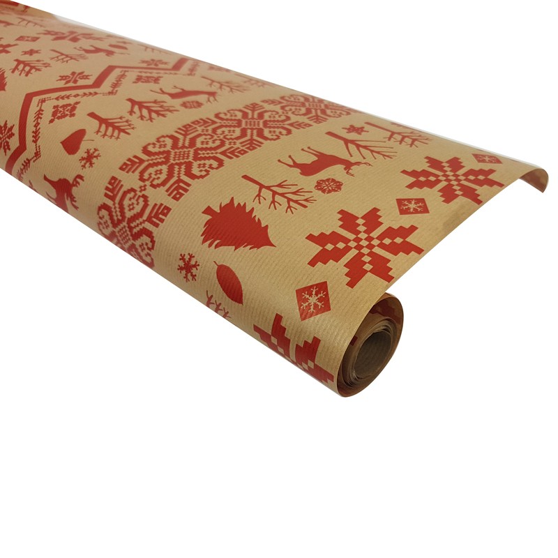 Petit rouleau papier cadeaux kraft brun motifs Noël rouges, rouleaux.