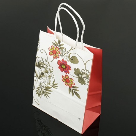 Lot de 12 grands sacs en papier kraft à fleur soufflet rouge 25.5x33x12cm - 7404