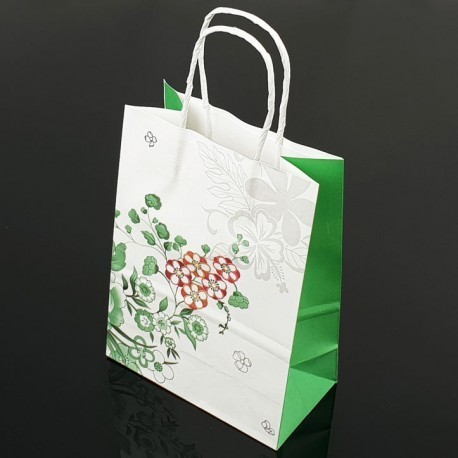 Lot de 12 grands sacs en papier kraft à fleur soufflet vert 25.5x33x12cm - 7405