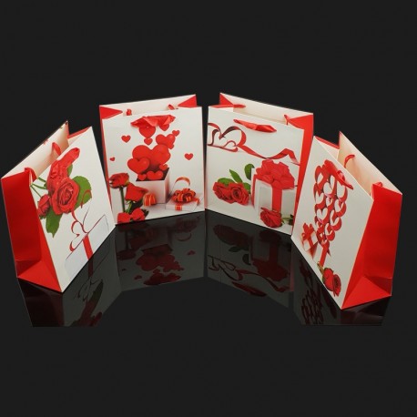 12 sacs cadeaux motifs Saint-Valentin rouge et blanc 18x9.5x23cm - 7659