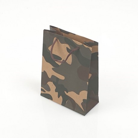 12 sacs cabas en papier kraft brun motif militaire noir vert et marron 15x6x20cm - 7758
