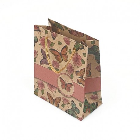 12 sacs cabas en papier kraft brun papillons et roses 15x6x20cm - 7867