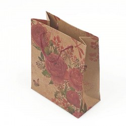 12 poches cadeaux kraft brun motif roses 24x8x33cm - 7878
