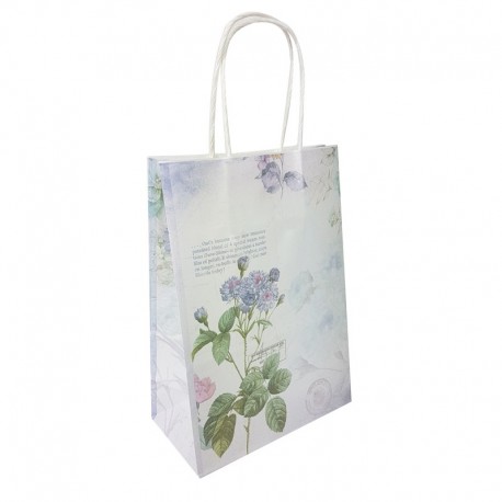 12 petits sacs en papier kraft à fleurs fond mauve clair 15x8x21cm - 14092