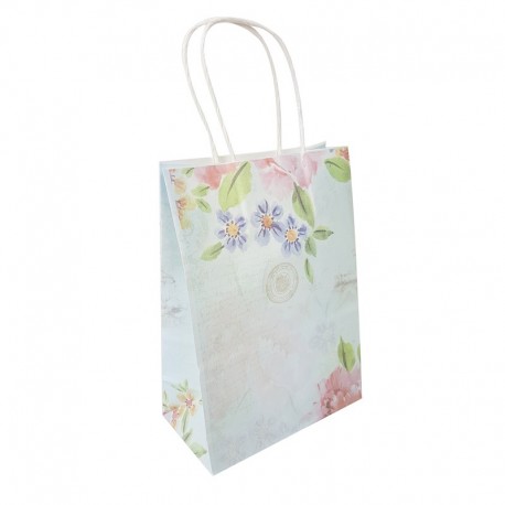 12 petits sacs en papier kraft à fleurs fond vert bleu clair 15x8x21cm - 14089