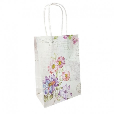 12 petits sacs en papier kraft à fleurs fond rose clair 15x8x21cm - 14095