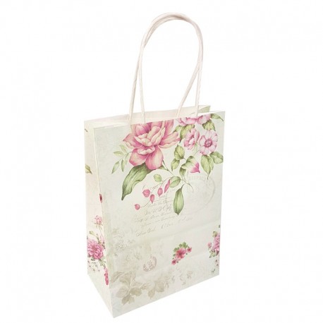 12 sacs papier kraft à fleurs motifs vintage vert clair 18.5x9.5x25.5cm - 14087