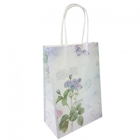 12 grands sacs en papier kraft à fleurs sur fond mauve clair 25.5x12x33cm - 7990
